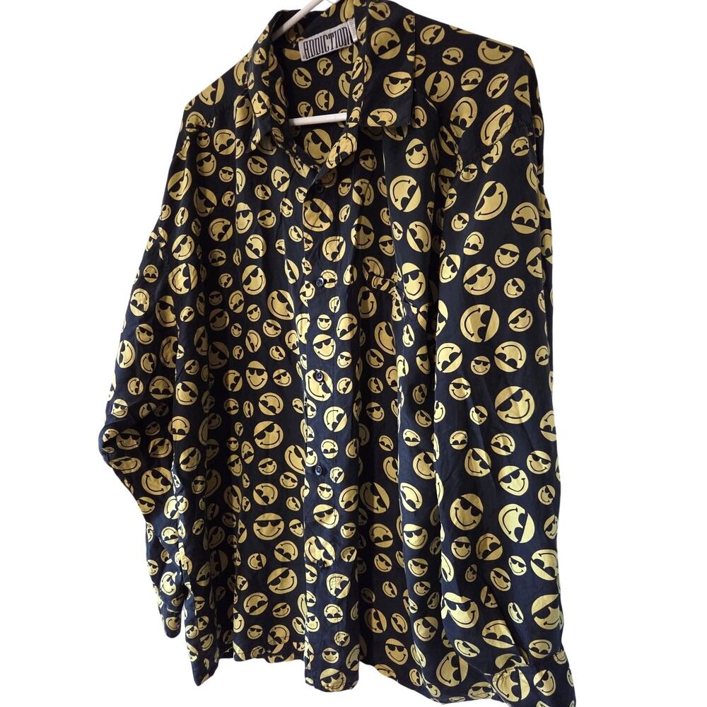 Vtg Large Addiction 90s Silk Happy Face Button Up Shirt Black Hip Hop